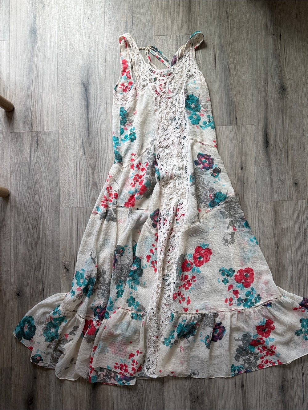 Free People Cream Floral Maxi Dress with Teal and Red Flowers
